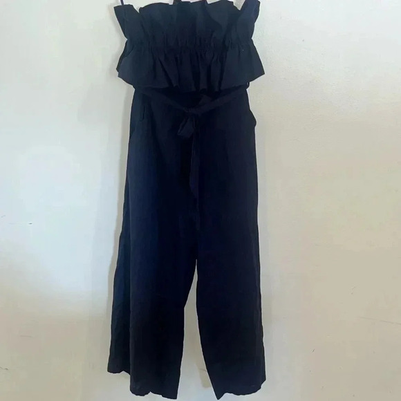 Saints + Secrets Ruffle 100% Linen Strapless Jumpsuit Navy Blue S - Picture 9 of 10